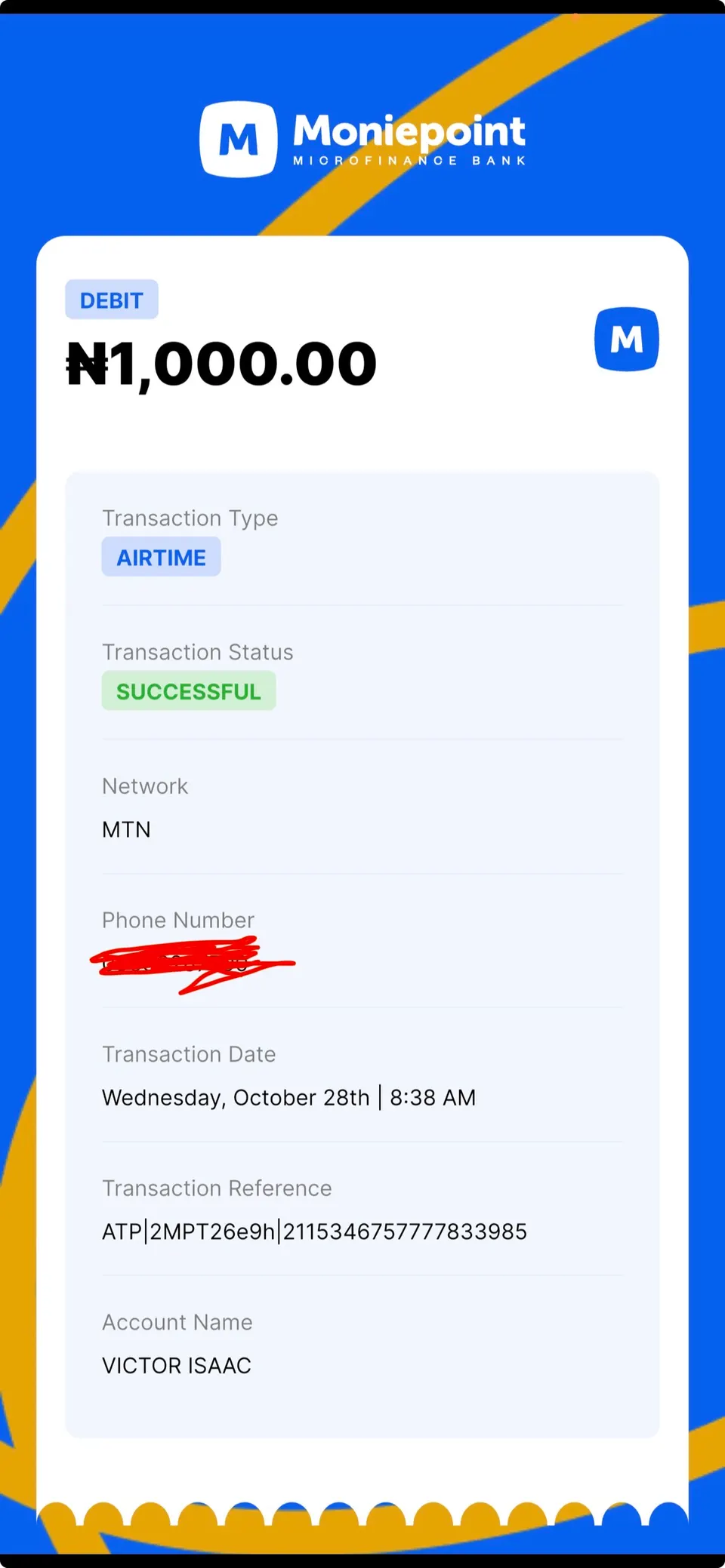Delivery photo for ₦1000 Airtime, posted by Victor Ibani